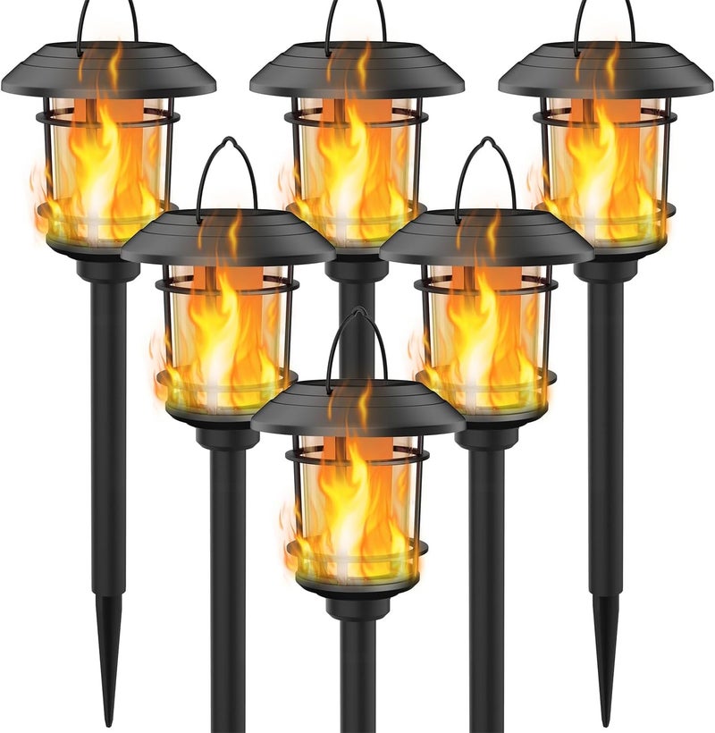 Dynaming 6 Pack Solar Flame Torch Lights Outdoor, Halloween Dual Use Flickering Flame Garden Light, Christmas Hanging Lanterns, Auto On/Off & Waterproof Lighting for Lawn Patio Yard Walkway Driveway - Image 1